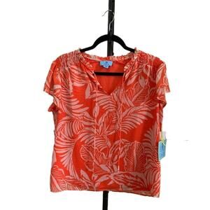 CeCe-Short Sleeve-Smocked‎ Floral Blouse-V Neck Lined-Polyester-Orange-Women-M